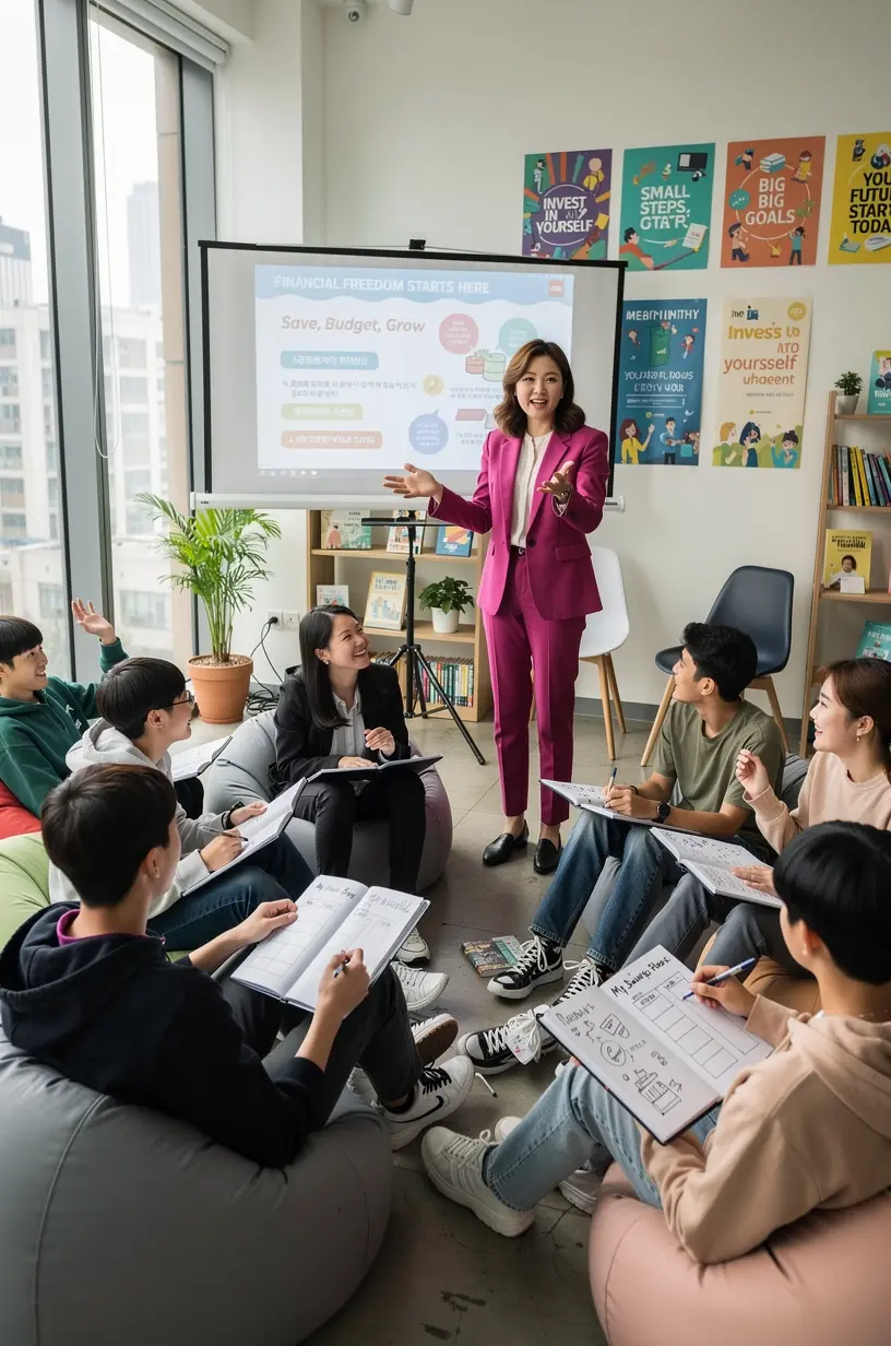 Interaktívna tabuľa s poznámkami o krokoch k finančnej nezávislosti počas konzultácie s klientom