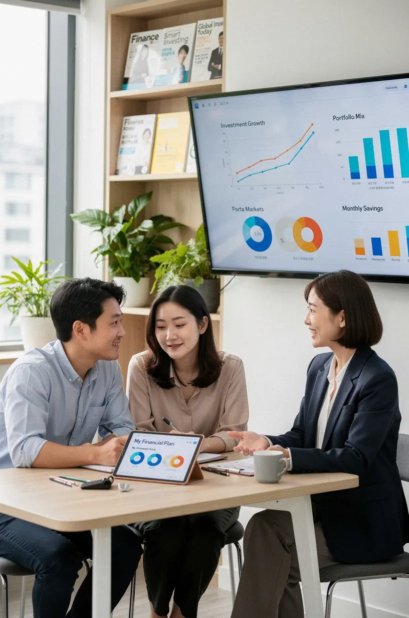 Poradenská miestnosť s usmievajúcim sa finančným expertom a usporiadanými dokumentmi o osobných financiách