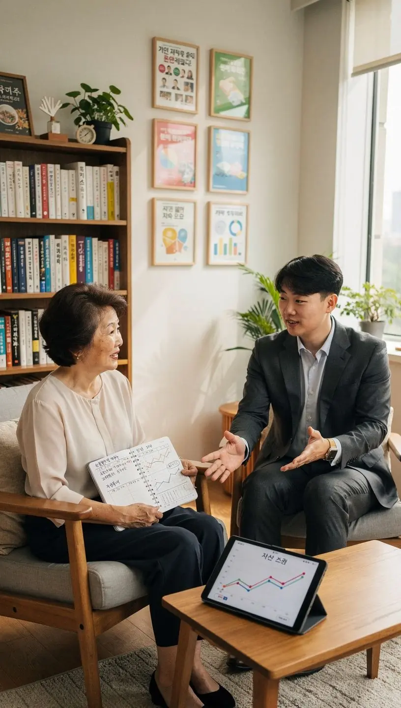 Osoba konzultujúca finančný plán s odborníkom v kancelárii na pozadí kníh o osobných financiách