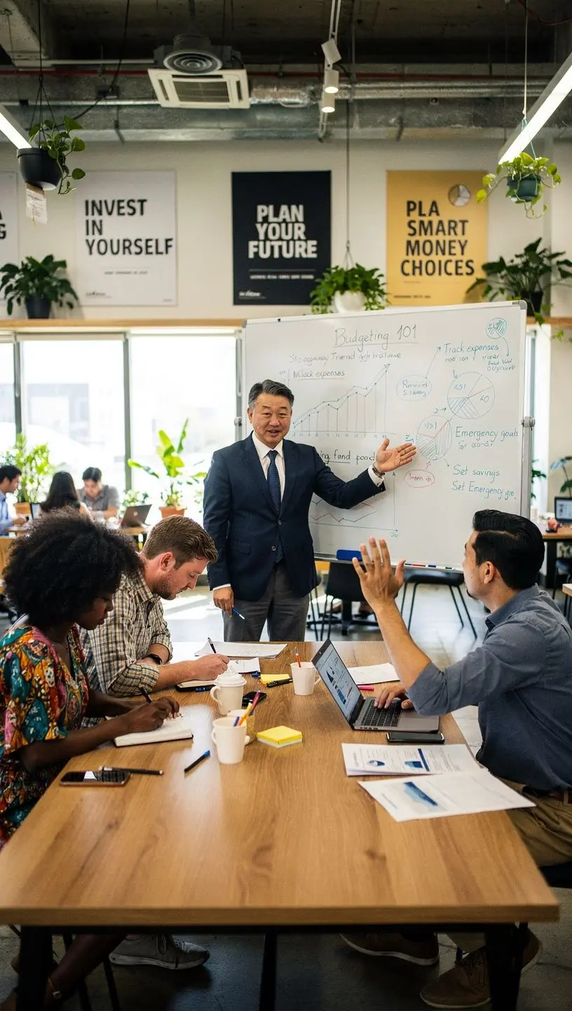 Skupina ľudí účastnícich sa finančného workshopu v modernej vzdelávacej miestnosti poradenského centra